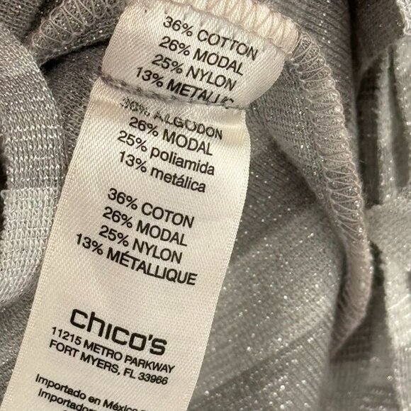 Chicos 2 Womens Size large Gray metallic Striped Short Sleeve Top fringed Hem - Picture 7 of 12